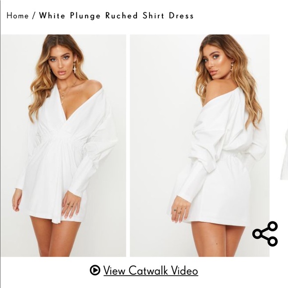 white plunge ruched shirt dress